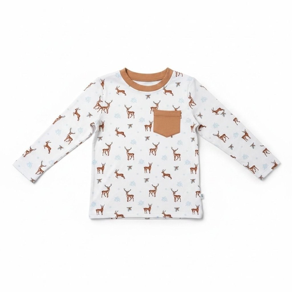 Bubble Baby 4T Bamboo Viscose Long Sleeve Deer Print Pajama Top White Tan BB-014